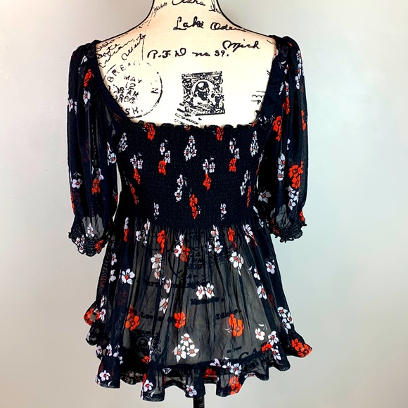 Free People Delta Dawn Floral Print Smocked Mesh Top - Picture 11 of 11